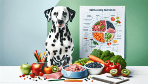 A vibrant image is needed that portrays the subject of Dalmatian dog nutrition without any brand names, logos, text or people. The image may feature a Dalmatian dog sitting contentedly beside a bowl filled with healthy, colorful foods such as fresh vegetables, fruits, and lean meat, suggestive of a balanced, nutritious diet for dogs of this breed. There could also be a small illustrated chart in the background demonstrating the breakdown of nutrients required for a Dalmatian's diet, with pencils and a notebook nearby, indicating an approach of careful planning and understanding regarding the dog's nutritional needs.