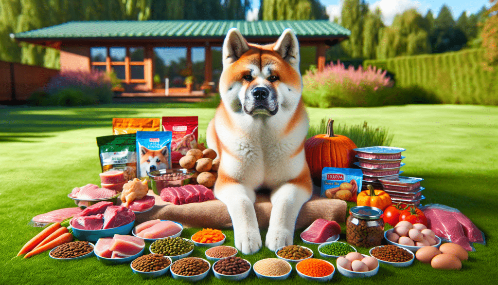 An Akita dog is posing on a lawn, looking healthy and robust. In front of the Akita, an array of dog food items is displayed. The variety of food ranges from raw meats like chicken, beef and fish to fresh vegetables like carrots and peas and starchy foods like potatoes and rice. Other food items like eggs, lentils, and pumpkins can be seen. The dog food items are not branded and no logos can be observed. The scene is set on a sunny day, and there are trees in the background. Remember, there are no humans present in the scene.