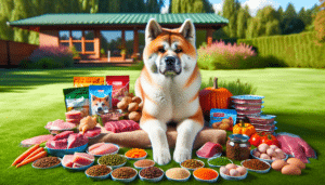 An Akita dog is posing on a lawn, looking healthy and robust. In front of the Akita, an array of dog food items is displayed. The variety of food ranges from raw meats like chicken, beef and fish to fresh vegetables like carrots and peas and starchy foods like potatoes and rice. Other food items like eggs, lentils, and pumpkins can be seen. The dog food items are not branded and no logos can be observed. The scene is set on a sunny day, and there are trees in the background. Remember, there are no humans present in the scene.