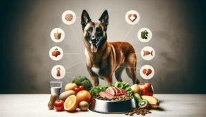 An image showcasing a healthy Belgian Malinois dog standing near a bowl full of nutritious food, such as fruits, vegetables, and meat, with a designated area for water. The image does not contain any people, text, or brand logos. Specific elements of the dog's nutrition, like a balanced mix of proteins, fats, and carbohydrates, can be visualized through the types of foods present in the bowl.