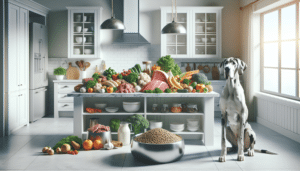 An image depicting the concept of nutrition for Great Danes. The scene is set in a bright, modern kitchen. On the white marble countertop, there is a range of fresh, nutritious food ingredients commonly suited for a Great Dane's diet such as various meats, vegetables, and fruits. There is a large metallic bowl in the middle of the countertop where all these ingredients are headed, indicating feeding time. Furthermore, there is a Great Dane on the floor beside the kitchen island, watching the food with keen interest. Keep in mind not to include any brands, logos, text, or people in the image.