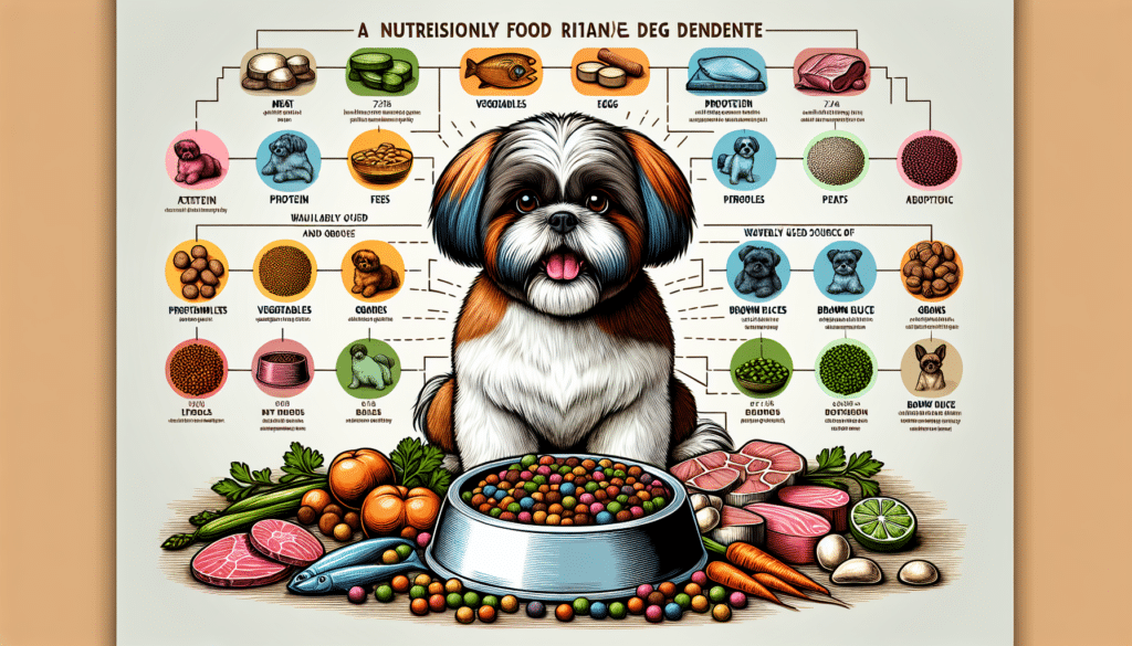 A meticulously illustrated guide to Shih Tzu nutrition. It features a healthy, energetic Shih Tzu with a shiny coat, sitting next to a bowl filled with various color-coded and nutritiously balanced dog food elements, showcasing different food groups needed for a dog's balanced diet like protein, vegetables, grains, etc. Widely used sources of these components like meat, fish, eggs, peas, carrots, and brown rice are clearly outlined. There is a detailed infographic displaying the dietary requirements essential for the health of a Shih Tzu. Ensure the image doesn't have any text, brand names, logos, or people.