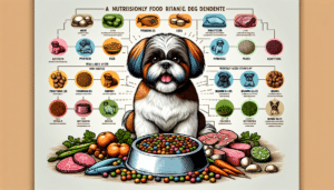 A meticulously illustrated guide to Shih Tzu nutrition. It features a healthy, energetic Shih Tzu with a shiny coat, sitting next to a bowl filled with various color-coded and nutritiously balanced dog food elements, showcasing different food groups needed for a dog's balanced diet like protein, vegetables, grains, etc. Widely used sources of these components like meat, fish, eggs, peas, carrots, and brown rice are clearly outlined. There is a detailed infographic displaying the dietary requirements essential for the health of a Shih Tzu. Ensure the image doesn't have any text, brand names, logos, or people.