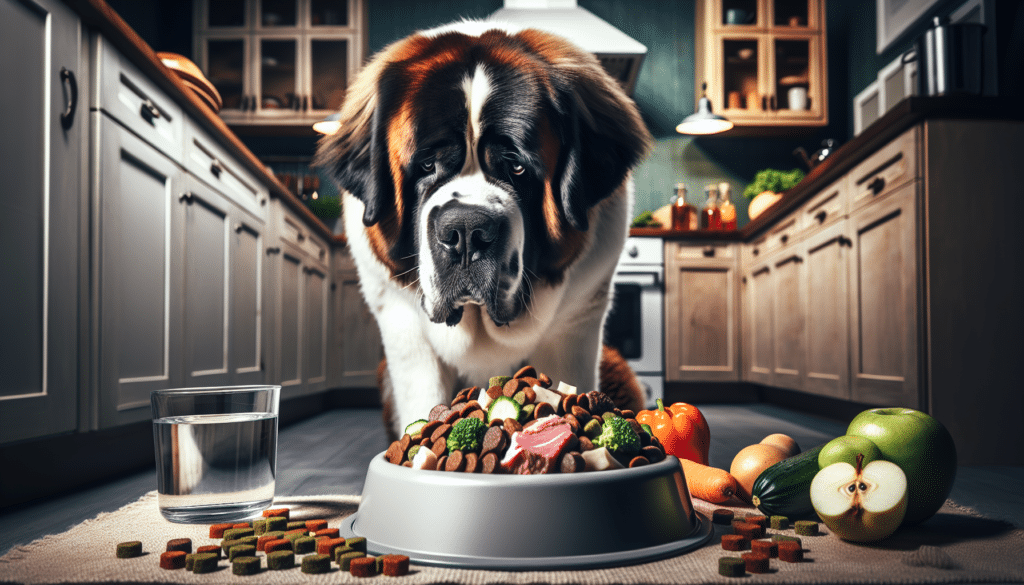An image showcasing a large and robust Saint Bernard dog in a well-lit kitchen scenario. The dog is intently staring at a bowl filled with wholesome dog food comprising various nutritious elements such as chunks of meat, vegetables, and carbohydrates with a water bowl on the side. The ambiance of the kitchen reflects a homey and healthful atmosphere without any human presence. There are no texts or brand names visible in the scene.