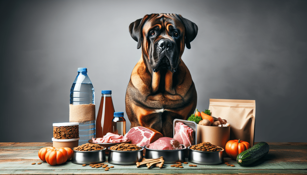 An image suitable for an article titled 'Mastiff Nutrition Guide | Best Dog Food for Mastiffs'. The image showcases a large, healthy Mastiff dog sitting attentively next to a variety of dog food items and water, all free of any brand logos or names. The dog foods include a bowl of dry kibble, a can of wet food, and raw meat. Raw vegetables and a supplement bottle are also present, illustrating a balanced diet. The dog's robust health and shiny coat imply the effectiveness of the nutritious diet. No people are in the image and no text appears anywhere.