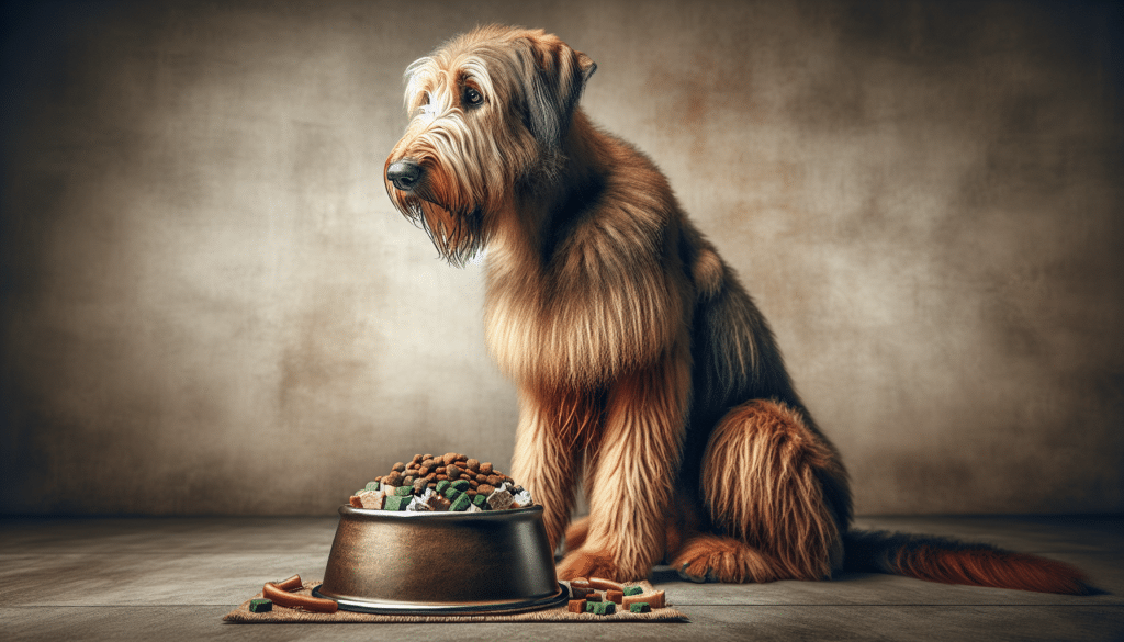 A detailed and visually appealing image of an Irish Wolfhound sitting patiently next to a bowl full of nutritious dog food. The rust-hued shaggy hound exudes healthiness and vitality, displaying the result of good nutrition. The bowl is filled with a mix of balanced dog food: there are chunks of meat, vegetables and grains visible. Natural colors dominate the scene: browns of the dog's fur and the food, green from a nearby plant indicating wholesomeness, and a neutral-colored floor underneath. No text, brands or people are in the image. The focus is clearly on the dog and its nutritious food.