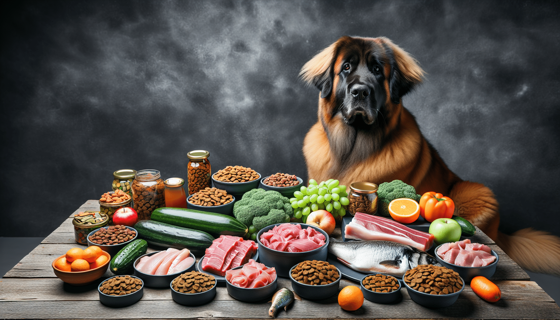An image showcasing a variety of nutritious, wholesome dog food items spread on a table. The food is unlabelled indicating no specific brands, similar to those types which could be found in a Leonberger's diet. These foods include a pile of kibbles, cooked meats, fish, fresh veggies and fruits. Beside this table, there's a healthy, energetic and well-cared-for Leonberger dog sitting calmly, looking eagerly towards the assortment of foods.