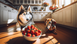 Create a visually interesting image featuring two dogs, one a fluffy Siberian Husky with blue eyes and the other a short-haired Dachshund with brown fur. They're situated in a warm, homely kitchen environment, their intelligent eyes fixated on a bowl brimming with fresh, mouthwatering strawberries that are juicier than usual. The floor is a warm redwood, the cabinets are white, and the walls are a calming cream. The bouquet on the window sill adds a splash of bright colors. The sunshine is streaming from the window, giving a warm and inviting vibe. Please make sure no text, logos or people are included in this image.