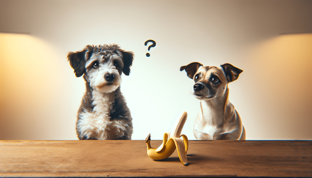 An image illustrating the idea of whether dogs can eat bananas without any text, people, or brand names. The main scene incorporates a cute, curious mixed breed dog sitting and tilting its head responding to the sight of a peeled banana in view. The banana is placed on a plain, clean, non-branded dog dish. The background is simple and natural, perhaps an average kitchen setting. The lighting is soft and warm, helping to exude an atmosphere of curiosity, playfulness, and engagement.