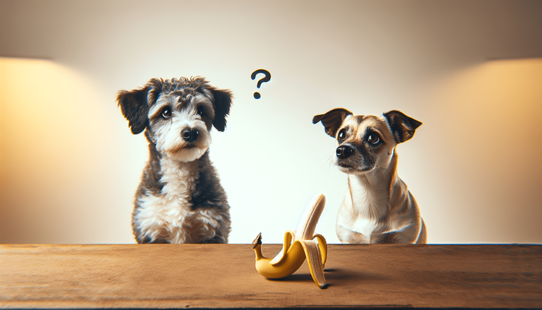 An image illustrating the idea of whether dogs can eat bananas without any text, people, or brand names. The main scene incorporates a cute, curious mixed breed dog sitting and tilting its head responding to the sight of a peeled banana in view. The banana is placed on a plain, clean, non-branded dog dish. The background is simple and natural, perhaps an average kitchen setting. The lighting is soft and warm, helping to exude an atmosphere of curiosity, playfulness, and engagement.