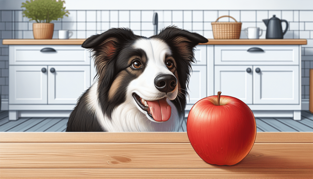 A curious Border Collie dog gazing intently at a juicy red apple resting atop a clean wooden kitchen table. The dog's tongue is slightly out, as if anticipating the taste. The room environment around them is neutral and undistracting, implying that the focus is on the dog and the apple. There are no people, text, brand names, or logos within the illustration.