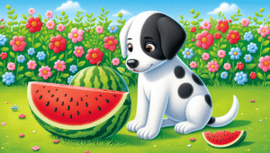 A spotty dog sitting on a green lawn with a few slices of watermelon nearby. The dog is curiously sniffing one of the watermelon slices. The background consists of colorful garden flowers in bloom with a bright, clear blue sky. There are no people in the scene and no text or logos.
