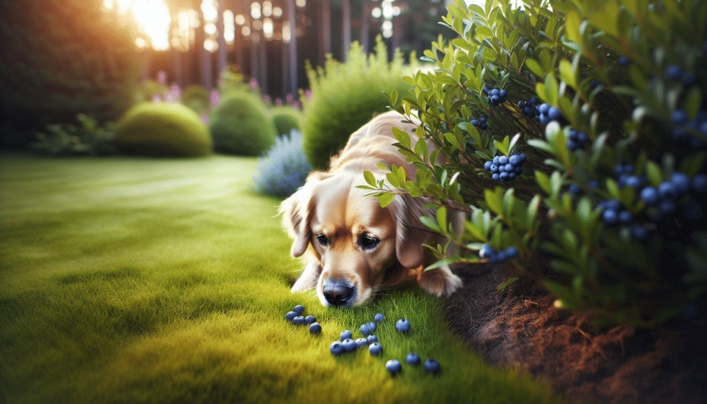 A curious dog, captured in the midst of a beautifully maintained garden setting. The dog, a golden retriever, is sniffing around a bush that is bursting with ripe, indigo blueberries. A few blueberries have fallen onto the lush, green grass and captured the dog's attention. The sun casts a soft, golden afternoon light over the scene, emphasizing the vibrant colors of the environment. No people, text, or branded items are visible in this tranquil, idyllic image.