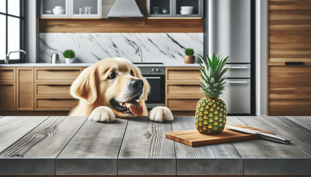A detailed image showcasing a domestic canine of golden retriever descent expressing interest in a freshly sliced piece of pineapple placed in front of him on a wooden surface. The background displays a minimalist and modern kitchen layout, with stainless steel appliances and white marble countertops, void of people. There are no distinguishable brand names or logos on any of the items in the picture. There is no text or typography visible anywhere in the image.