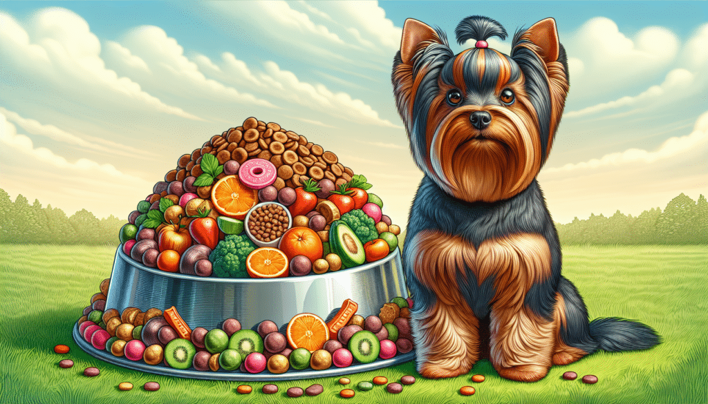 Detailed illustration of a Yorkshire Terrier sitting attentively next to a bowl completely filled with a nutritious, colorful array of dog food, including varied fruits, vegetables, and proteins. The kibble is represented without any specific branding. The Yorkie's coat is silky and well-groomed, its eyes bright and eager as it looks towards the bowl. The setting is an outdoor grassy space under a sunny sky for a fresh and healthy vibe. No human or text is included in this image.
