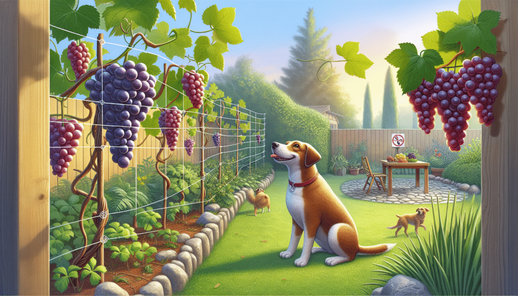 A visual representation of the concept behind the article 'Can Dogs Eat Grapes?'. Depict a well-kept yard with diverse vegetation at the foreground. In the center, a playful, healthy-looking dog of an indeterminate breed is seen. The dog's attention, reflected by its direction and expression, is on a grape vine loaded with mature grapes hanging from a trellis. The dog shows curiosity, but there's an invisible barrier preventing it from reaching the grapes, illustrating caution. Enrich this composition with a lively, inviting day atmosphere but convey a serious undertone to highlight the importance of the topic. All elements in the scenes are non-branded and free of any text.