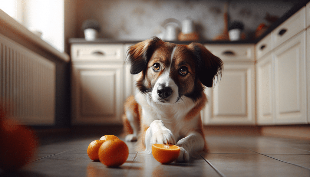 A neutral domestic scene where a medium-sized dog, brown and white in color, is sitting on the kitchen floor, eyes bright with curiosity. The dog is looking at a few oranges tastefully scattered on the floor, one of them half-peeled. The ambiance should be welcoming, well lit, yet soft-toned. To further emphasize the dog's curiosity, portray the dog with one paw playfully lifted towards the fruit. Please, make sure there are no people and no text appearing in the image. No brand names or logos should be depicted.