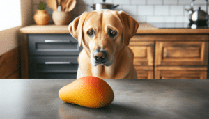 A healthy and eye-catching scene conducive to an article titled 'Can Dogs Eat Mango?'. The visual should depict a curious dog, any breed, facing a ripe mango laid on a well-lit kitchen countertop. The mango's vibrant orange color stands in contrast with the sleek grey countertop. The dog's eyes are focused on the piece of fruit, with its tail wagging slightly, showing an interest. No text, human figures, or brand names will be included in the image.