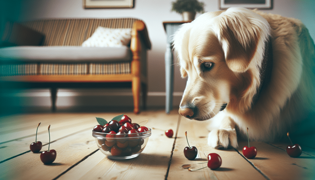 Create an image symbolizing the concept 'Can Dogs Eat Cherries?' without the use of text or any human figures. The image should consist of a curious dog sniffing at a bowl of cherries placed on the ground. The dog should be a Golden Retriever and the cherries should be bright red, indicating their ripeness. There should be no brand labels or people present in the scene. The setting is an everyday home environment with muted colors to emphasize the focus on the dog and the cherries.