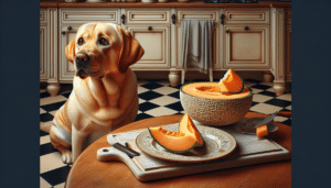 A vivid, detailed scene in a cozy, home-like setting. In the center, a golden labrador retriever sits on a checkered kitchen floor, tilting its head curiously towards a sliced piece of cantaloupe resting on a classy, neutral-tone ceramic plate beside him. The rest of a cantaloupe fruit remains partially cut on a wooden chopping board, situated on a pristine kitchen counter nearby. The scene is devoid of any human figures or text, providing a focus only on the dog and the cantaloupes without any brand-related logos or labels.