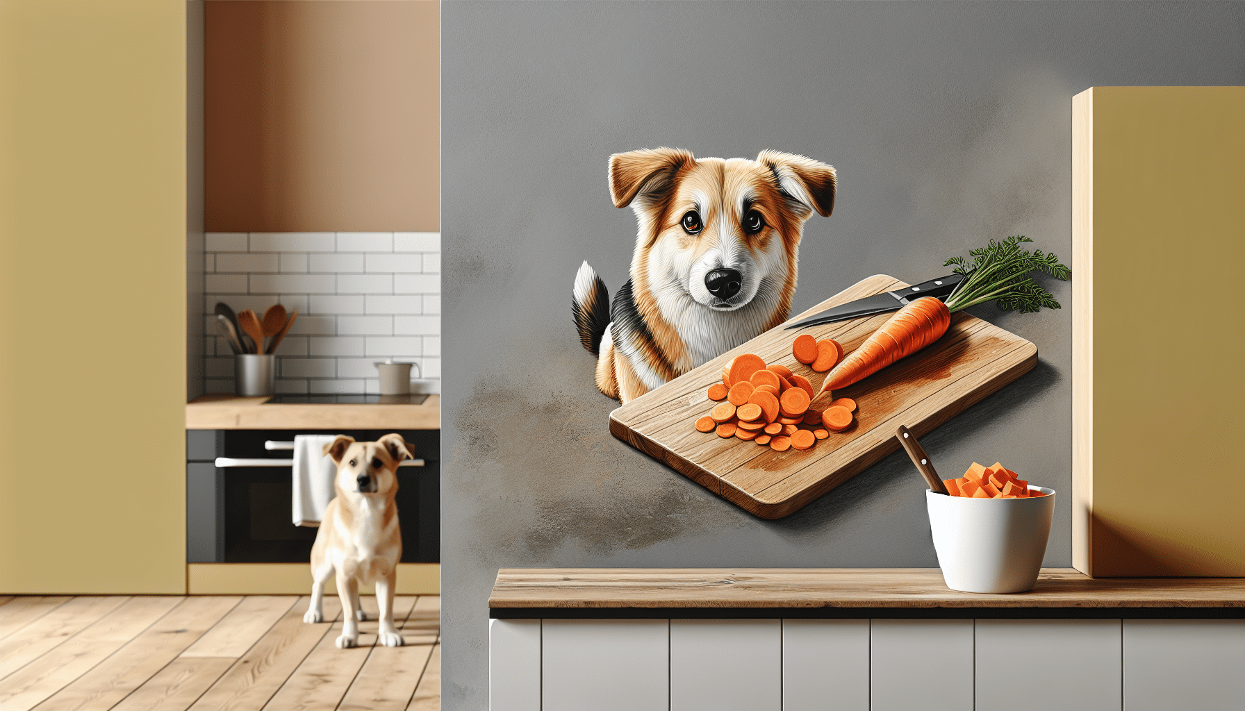 A pleasing scene in a home kitchen with neutral wall colors. In the center, there's a wooden cutting board on which a couple of fresh, vibrant orange carrots have been neatly chopped. On one side of the cutting board, there's a clean, unpeeled carrot, and on the other side, there's a small pile of chopped pieces. Just to the side, a medium-sized, short-haired dog of unspecified breed is curiously looking towards the carrots with interest, its tail wagging slightly. Make sure there are no people, text, brand names or logos anywhere in the visualization.