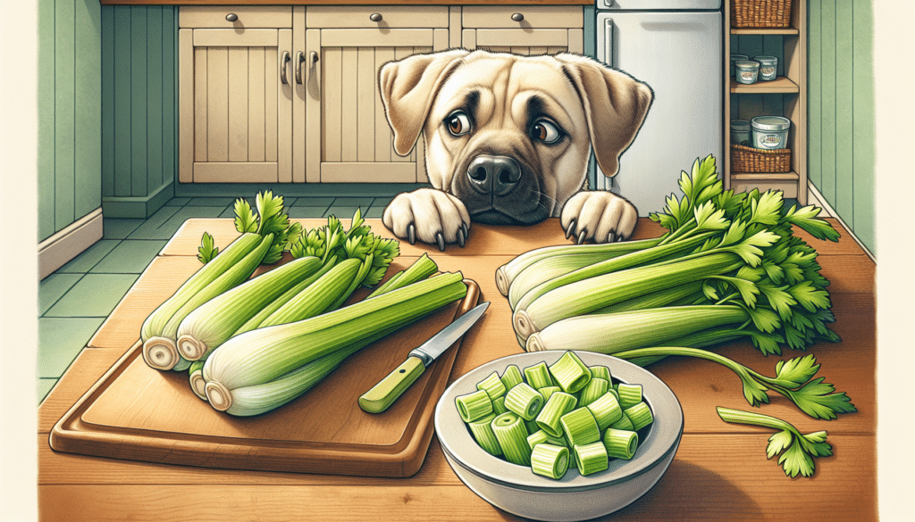 A detailed illustration of a kitchen setting. On a wooden table, several stalks of fresh celery are laid out. An inquisitive, medium-sized dog of unspecified breed is poking its nose towards the celery, displaying curiosity yet hesitance at the same time. On the side, there's a bowl containing fresh, chopped celery. No humans, texts, brand names, or logos are present in the scene. The overall atmosphere is light-hearted and comical, reflecting a sense of wonder and discovery.