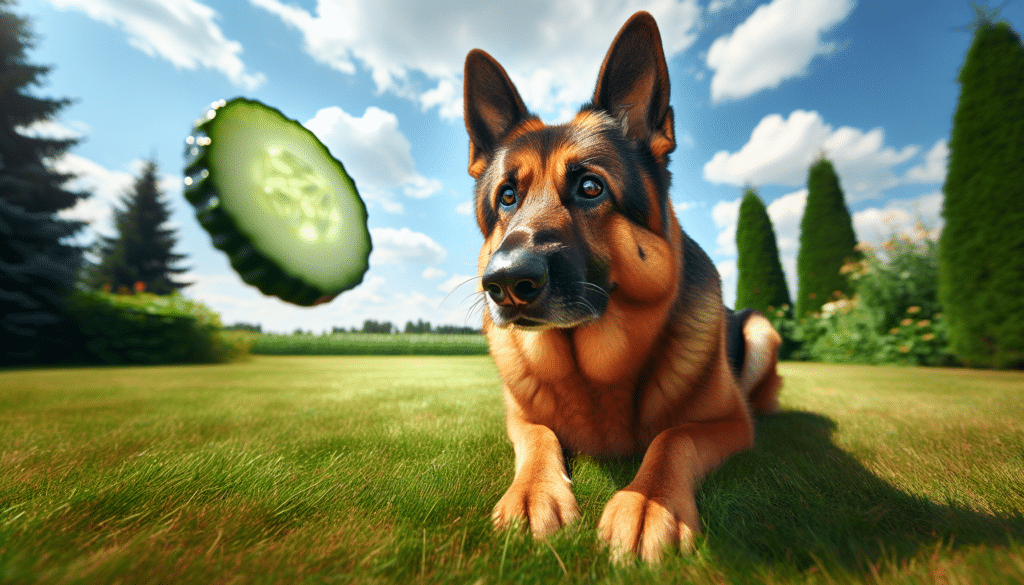 A lively, healthy looking German Shepherd with a shiny coat, sitting obediently on a green lawn, focusing its attention on a fresh cucumber slice. The cucumber is positioned in mid-air, as if just thrown, casting a small shadow on the grass. The dog's eyes reflect curiosity and anticipation. There is a clear sky with fluffy clouds in the background, casting a perfect sunny day ambiance. There are no humans, text, brand names or logos in this tranquil scene.