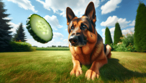 A lively, healthy looking German Shepherd with a shiny coat, sitting obediently on a green lawn, focusing its attention on a fresh cucumber slice. The cucumber is positioned in mid-air, as if just thrown, casting a small shadow on the grass. The dog's eyes reflect curiosity and anticipation. There is a clear sky with fluffy clouds in the background, casting a perfect sunny day ambiance. There are no humans, text, brand names or logos in this tranquil scene.