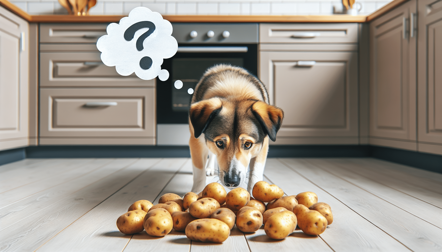 A playful scene where a curious dog of a mixed breed is sniffing at a pile of uncooked potatoes scattered on the kitchen floor. A thought bubble with a question mark over the dog's head hints at the dog's curiosity and confusion. The setting is a simple, neutral kitchen with no brand names or logos visible.