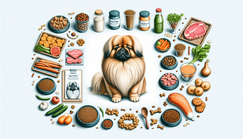 An illustrated overview of a well-planned Pekingese dog nutrition with a variety of different dog-safe food items laid out like a canine feast. The foods should include proteins, vegetables, and grains. Make sure to depict the unique, lion-like appearance of the Pekingese breed, but without any specific branding or text displayed. There should be no humans or logos in the scene. The focus should strictly be on the nutritious foods and the Pekingese dog.