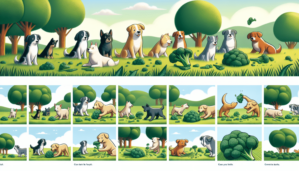 Illustrate the concept of dogs eating broccoli without any human figures. Scene to depict a variety of dogs of different breeds and sizes scattered across a grassy landscape, each with a curious expression as they inspect a piece of broccoli lying nearby. In another portion of the scenery, show a depiction of a broccoli plant growing. Make sure the scene is free of any text, labels, or brand logos.