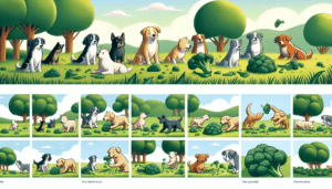 Illustrate the concept of dogs eating broccoli without any human figures. Scene to depict a variety of dogs of different breeds and sizes scattered across a grassy landscape, each with a curious expression as they inspect a piece of broccoli lying nearby. In another portion of the scenery, show a depiction of a broccoli plant growing. Make sure the scene is free of any text, labels, or brand logos.