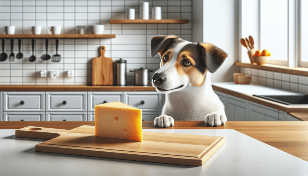 Visual representation of a mid-sized, mixed breed dog sitting in a modern, clean kitchen environment looking curiously at a piece of cheese on a wooden cutting board. The cheese is yellow and firm, possibly looking like Cheddar. The background includes various typical kitchen items but is devoid of people, logos, brand names and texts.