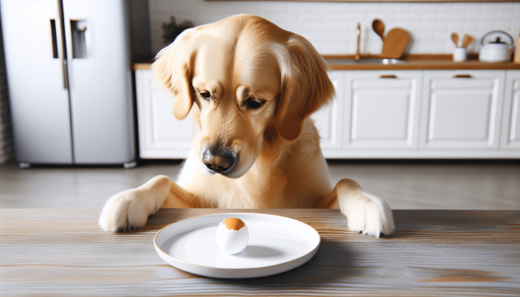 A curious golden retriever dog studying a plate with a single boiled egg on it. The dog is tilting his head to the side in a classic gesture of puzzlement. The setting is a simple, bright kitchen without any people. Ensure the kitchen has generic features like a sink, fridge, and white cabinets, with no brand names or logos visible.