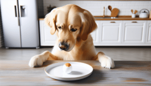 A curious golden retriever dog studying a plate with a single boiled egg on it. The dog is tilting his head to the side in a classic gesture of puzzlement. The setting is a simple, bright kitchen without any people. Ensure the kitchen has generic features like a sink, fridge, and white cabinets, with no brand names or logos visible.