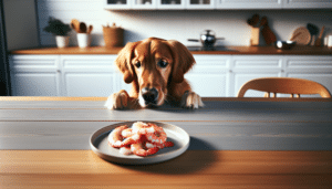 An adorable, curious Golden Retriever dog leaning forward slightly, gazing towards a small pile of freshly cooked, pink shrimp placed on an otherwise empty, round plate. The plate is placed on a wooden kitchen table. To further emphasize curiosity, the dog's tail is wagging slightly. The environment is a well-lit, modern kitchen devoid of any people, text, logos, or brand names.