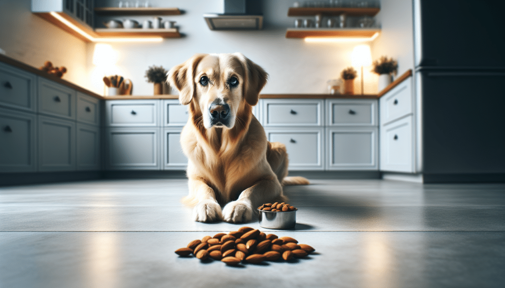 An image depicting the subject matter relevant to canine dietary curiosity. In the center, a golden retriever with a quizzical expression, directly gazing at something off-image. In front of the dog, resting on the floor, is a small pile of whole almonds. The environment is a clear and clean domestic kitchen with minimalist decor; No brands or logos are present. In the background, beautifully illuminated, is a simple bowl of dog food signifying the usual diet of dogs. No humans or text are present in the image.