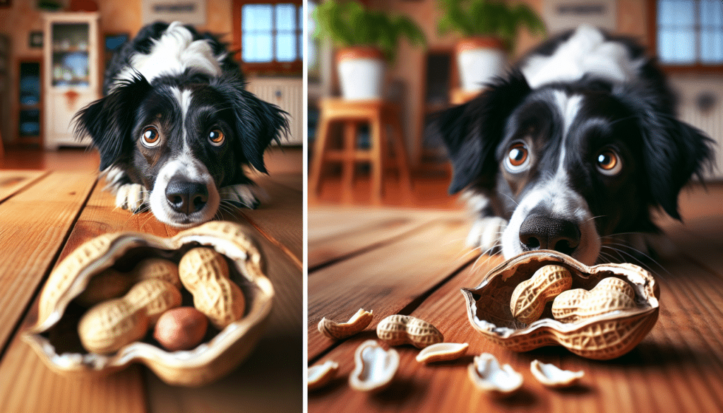 An image vividly illustrating the concept of a dog's interaction with peanuts. On one side, a curious, medium-sized, black and white mutt with sparkling eyes cautiously sniffing at an open shell with two peanuts inside placed on a wooden surface. On the other side, a close-up view of an open peanut shell revealing the peanuts inside for clarity. The background is a blur, hinting at a homely environment, but no specific details. No humans, text, brand names or logos are present in this scene.