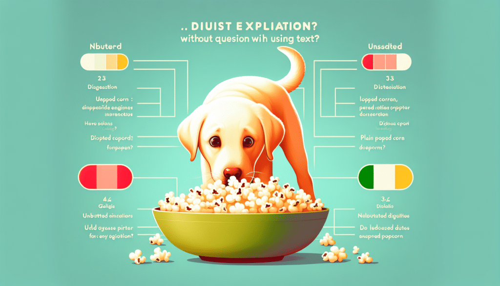 A visual explanation to the question without using text, a yellow Labrador curiously sniffing at a bowl containing plain popped corn kernels, the Labrador's tail loosely wagging in excitement, its eyes wide with curiosity, the bowl lively with unbuttered, unsalted popcorn, a nutritional chart without any wording showing green and red signals for respective digestion indicators.
