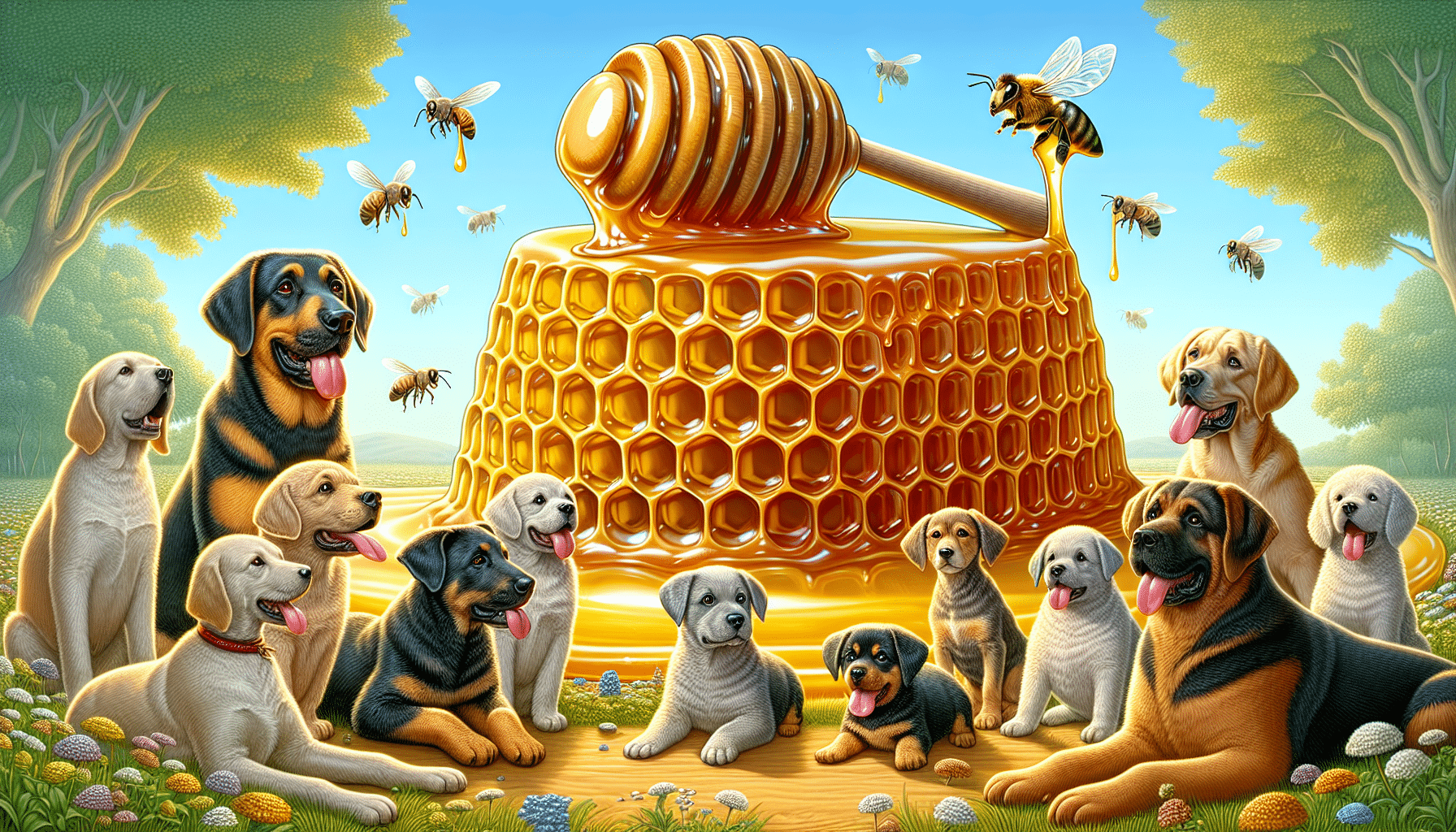 An illustrative depiction showing a luscious honeycomb, with glossy, golden honey dripping from it. In the foreground, a variety of different dogs breeds are sitting and attentively observing the honey, with their tongues out, as if indicating their desire to taste it. The scene is set in a natural background with trees and grass, but no humans are present. Every element in the image is devoid of text, brand names, and logos.