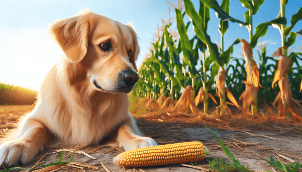 A wholesome scenery in a bright setting, depicting a curious dog, possibly a golden retriever, with light brown fur looking at an ear of corn lying on the ground. There are additional corn plants in the nearby vicinity, showcasing a beautiful field of corn. It's a sunny day with the sun shining brightly and clear blue sky in the background. Ensure that there are no human figures, text, logos or brand names present in the construct of the image.