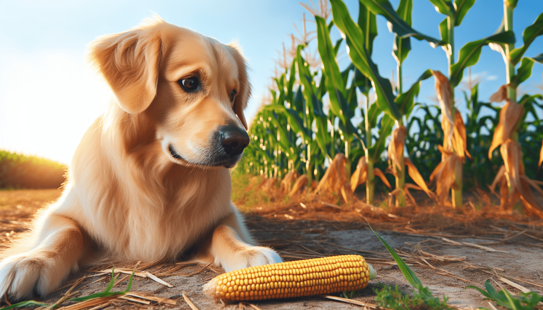 A wholesome scenery in a bright setting, depicting a curious dog, possibly a golden retriever, with light brown fur looking at an ear of corn lying on the ground. There are additional corn plants in the nearby vicinity, showcasing a beautiful field of corn. It's a sunny day with the sun shining brightly and clear blue sky in the background. Ensure that there are no human figures, text, logos or brand names present in the construct of the image.