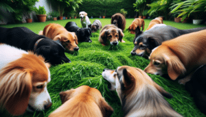 A garden scene during the bright daytime. A diverse array of dogs of different breeds are present, each busily engrossed in merrily munching on patches of fresh green grass. Close-ups of some of the dogs portray their expressions of satisfaction and curiosity while consuming the grass. The rich texture of the grass is evident and the atmosphere is serene and green, absent any human presence or logos or brand names.