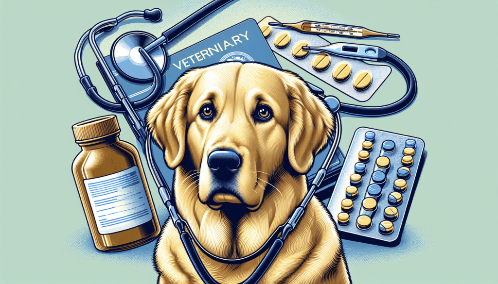 Create an illustration for a veterinary theme. The image should include a concerned-looking dog in the center, perhaps a Golden Retriever. In the background, represent the theme of sickness without humans, perhaps by showing a stethoscope, some non-branded medicine bottles, and a thermometer. The atmosphere should match the gravity of the topic, so consider using an evening setting with a subtle color palette. Make sure not to include any text or brand names in the image.