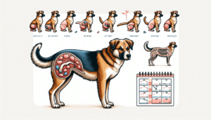 Create a detailed educational illustration featuring different stages of canine pregnancy. Show a female dog with different bodily changes highlighting each pregnancy stage. To indicate time progression, depict a simple calendar beside the dog with different markings, symbolizing distinct stages of pregnancy. Make sure there are no identifiable brand names or logos and no humans present in the image. Additionally, no text should be included in the image.