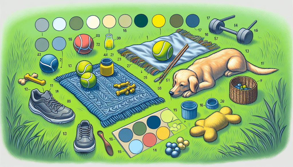 An educational, nature-driven scene illustrating the concept of canine color perception. Show a variety of common objects dogs would interact with, such as a tennis ball, chew toy, and a blanket, all depicted in muted greens, blues, and yellows, to represent the colors dogs see. No text or logos to be included, and importantly, no human presence. Add de-emphasis of red hues to further depict the colorblind spectrum of dogs. Ensure all elements are in a natural outdoor setting, perhaps a grassy park, to evoke the sense of a dog's world.