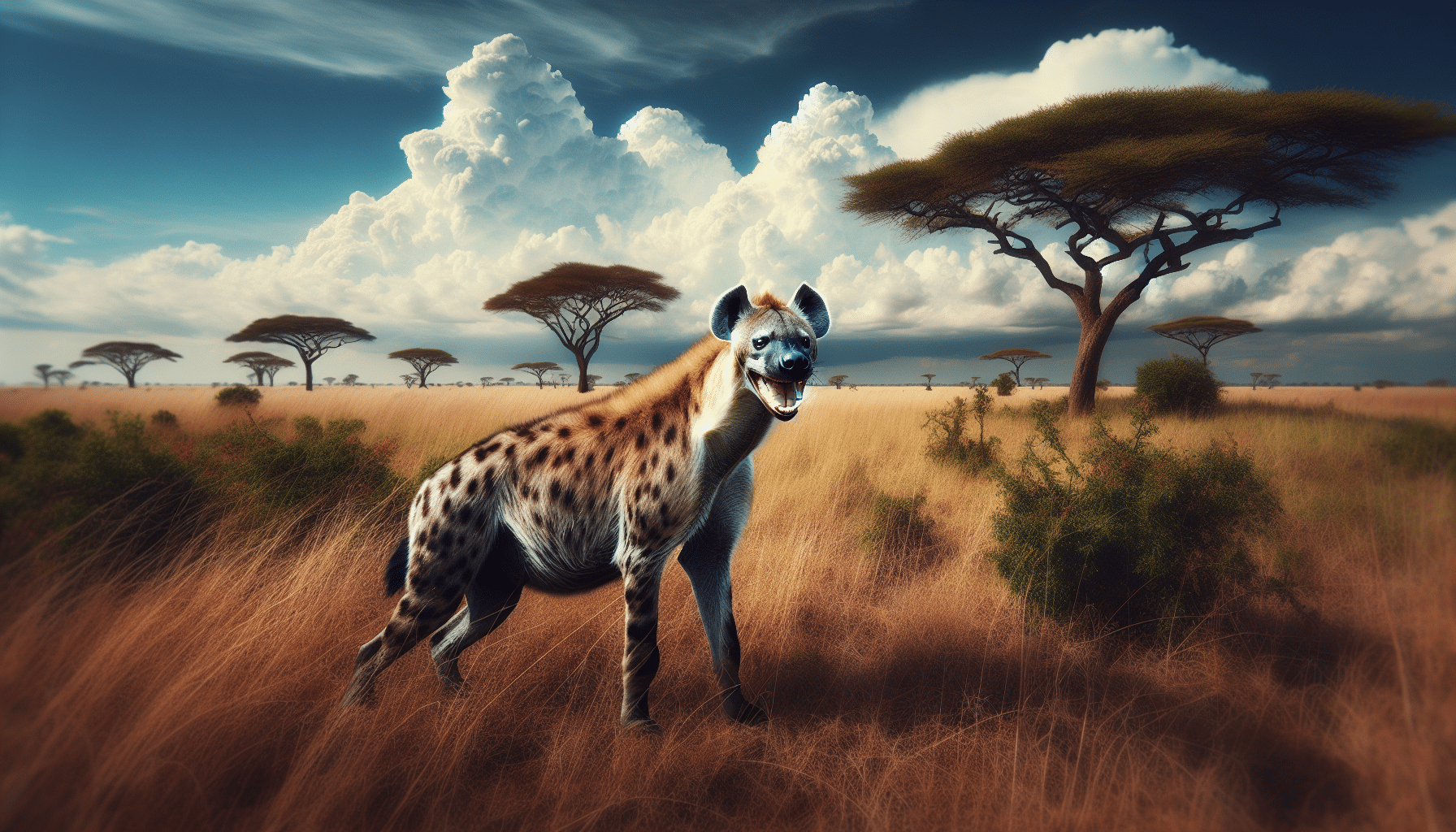 Generate an image of a naturalistic scene featuring a distinct hyena. The environment around it should be typical of its natural African habitat: grasslands under a clear, blue sky, with savannah trees dotting the background. The hyena should be captured in a pose that exudes its characteristic behavior, perhaps prowling or laughing. The scene should be void of any human influence or presence, and no form of text or brand names should be included.