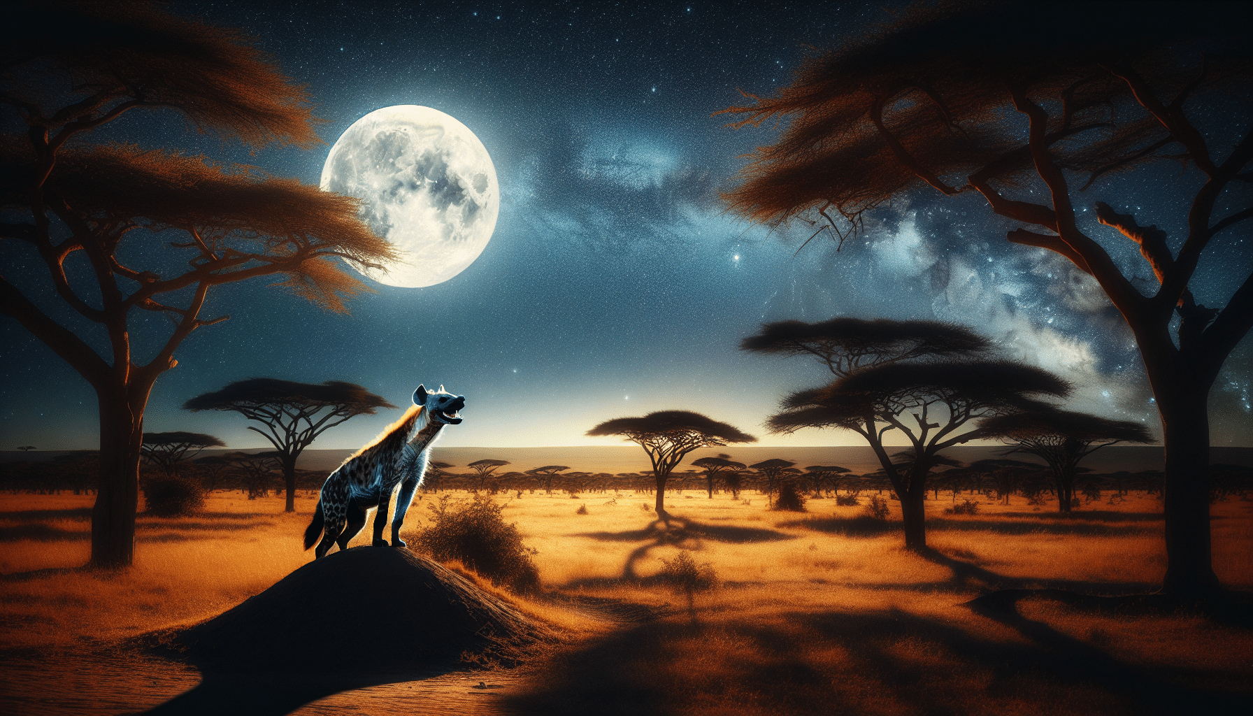 In the dead of the night in a vast savannah landscape lit by a radiant full moon. The savannah is full of acacia trees with shadows stretching across the landscape. In the heart of this tranquility, a solitary spotted hyena standing atop a small mound, its mouth wide open as if emitting a sound. Clear starry sky fills the background with the Milky Way clearly visible.