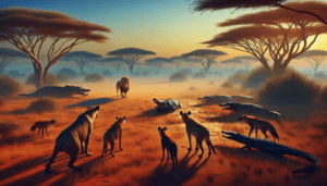 A broad and rich depiction of the African savannah during the golden hour with striking shadows cast by the acacia trees. In the foreground, a circle of carnivores - a lion, couple of crocodiles, and a leopard - cautiously eye an isolated hyena. There's tension in the air. No human presence or man-made objects are included, complying with a purely natural scene. The environment, as well as the animals' interactions, subtly depict the survival of the hyena with no explicit content or violence.