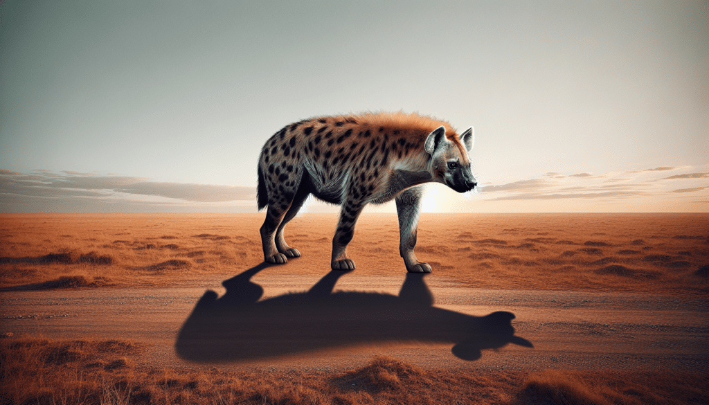 Visual representation of an unusually large hyena standing majestically in a savannah landscape with its shadow stretching across the vast plains, showing advantage of its size. The creature's thick, spotted fur bristles in the soft evening light, illustrating the details of its distinctive coat without any human presence, text, brand names or logos.